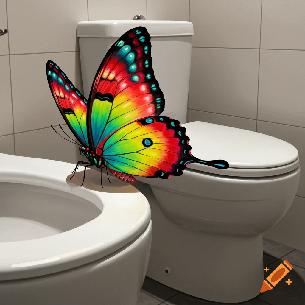 A vibrant rainbow-colored butterfly with red, yellow, and blue wings rests on a white bidet in a tiled bathroom.