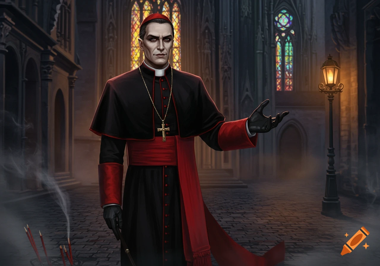 A pale, stern-faced male vampire cardinal in red and black robes with a golden cross, standing in a gothic church with stained glass windows.