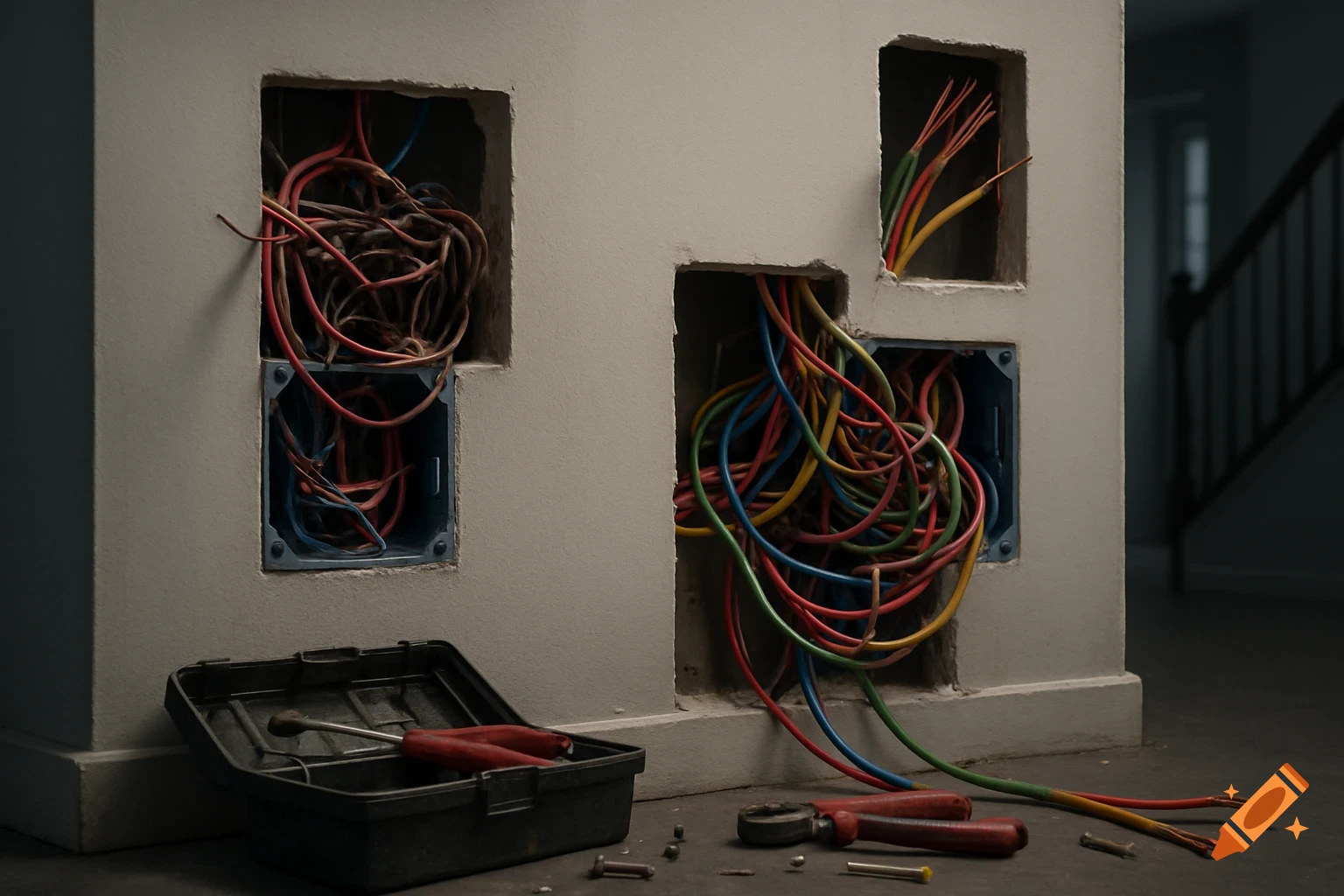 Photorealistic image of exposed colorful electrical wiring in wall openings, with an open toolbox and tools on the floor.