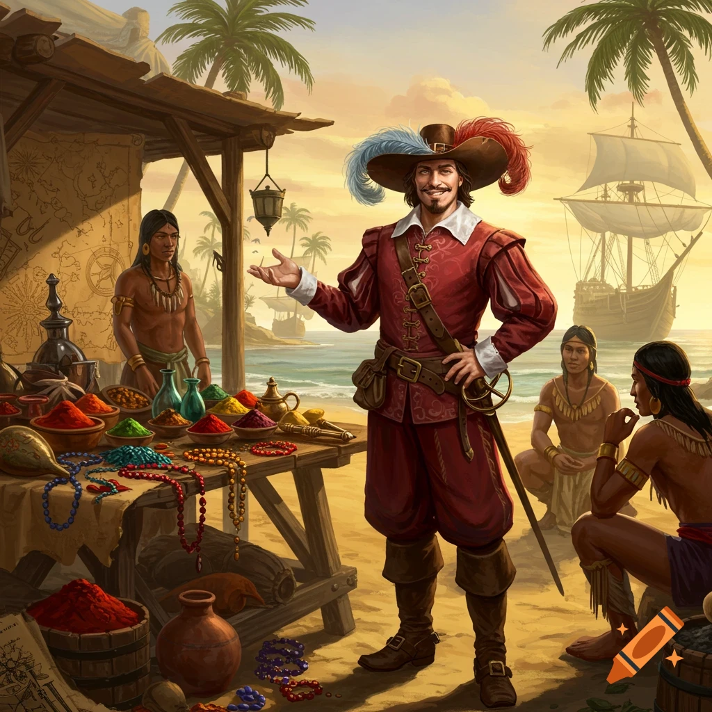A Spanish trader in red and a feathered hat presents goods at a beach market stall to Native Americans, with a ship behind them.