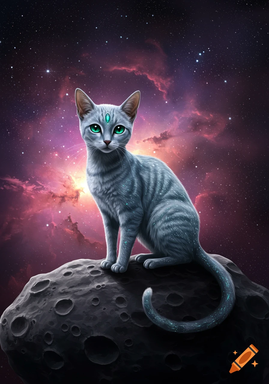 Gray tabby cat with glowing green eyes and a third eye gem sits on a cratered moon against a vibrant purple nebula and starry sky.