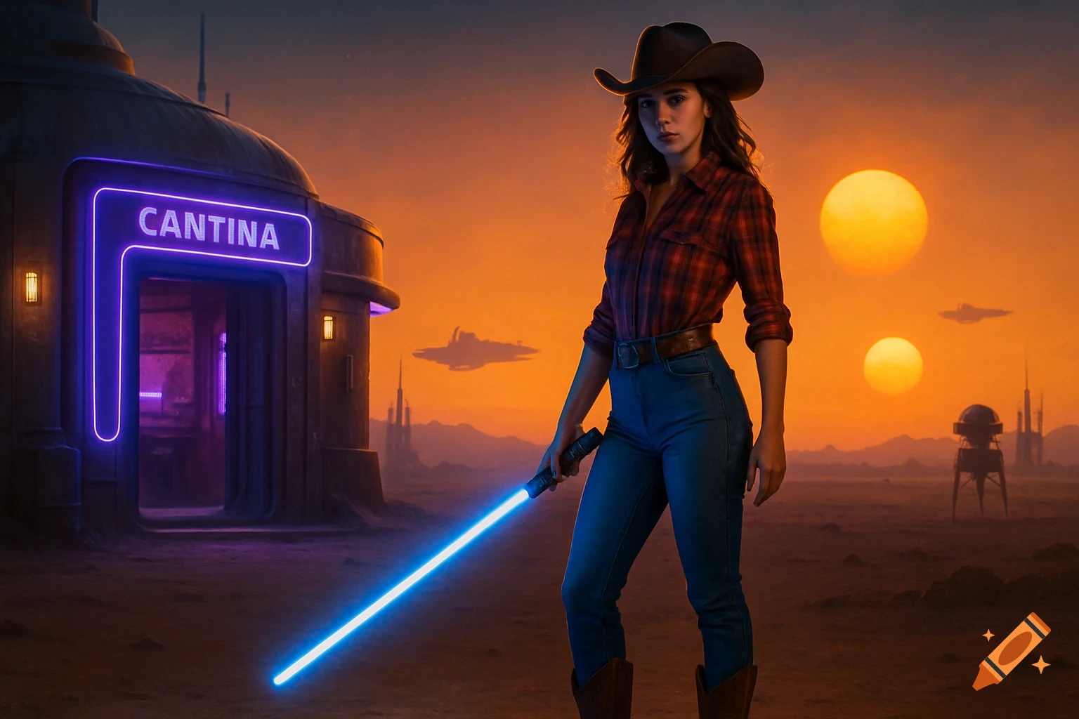 A realistic image of a woman in a cowboy hat, plaid shirt, and jeans holding a blue lightsaber in a desert with two suns and a neon-lit cantina.