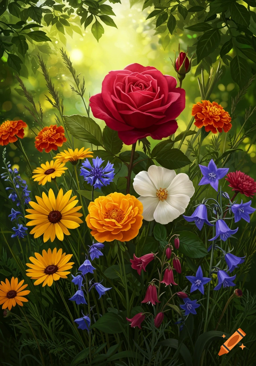 A vibrant garden scene filled with various flowers, including a large red rose, yellow daisies, orange marigolds, blue cornflowers, and purple bellflowers, set against a lush green background with dappled sunlight.