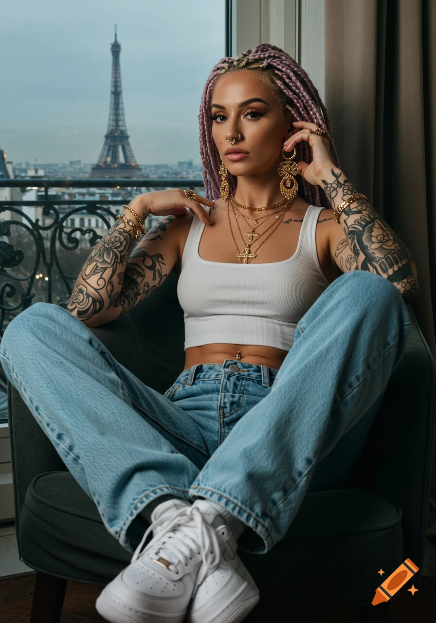 A woman with pink dreadlocks, tattoos, and golden jewelry sits by a window overlooking the Eiffel Tower in Paris, looking at the camera.