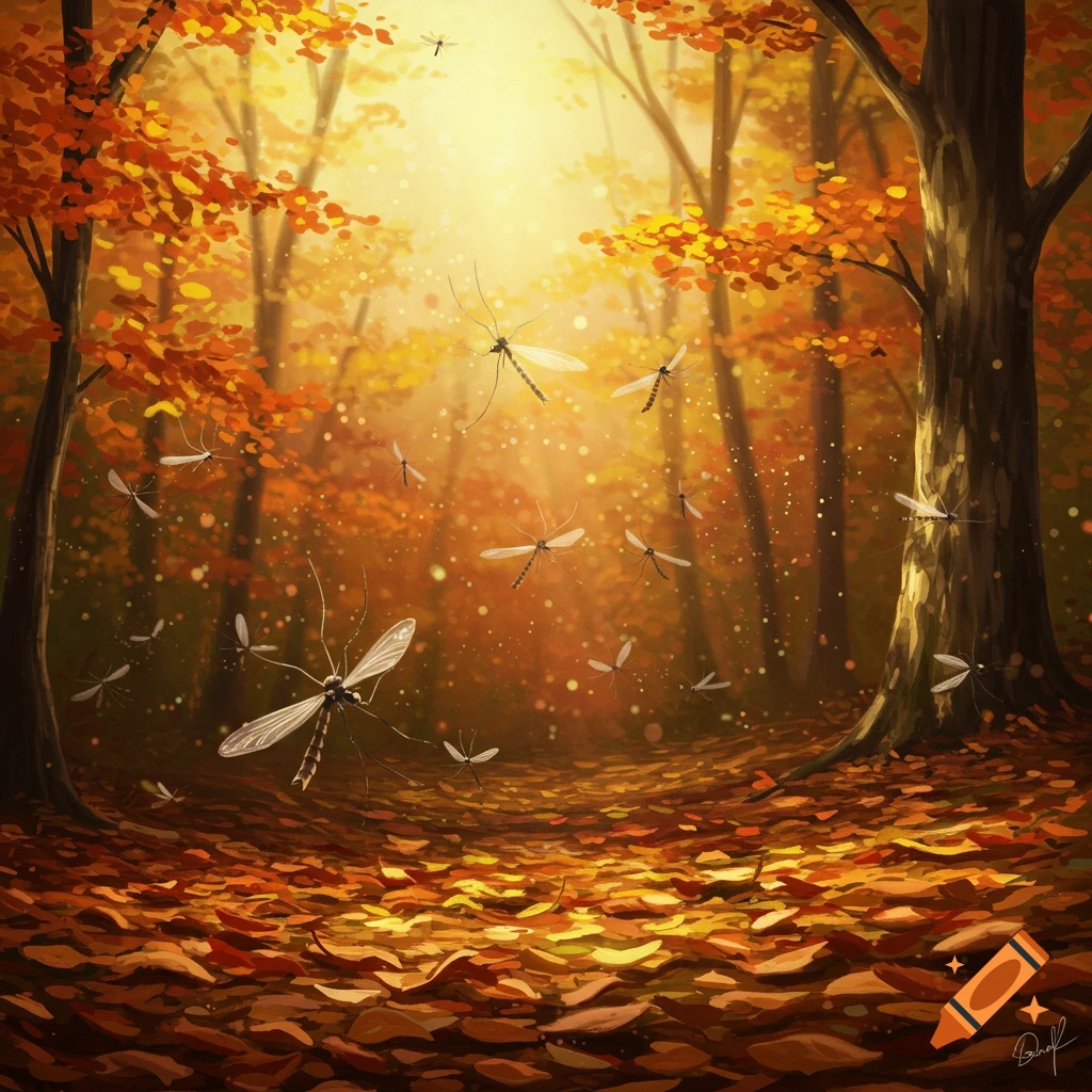 Illustration of numerous mosquitoes flying through a sunlit autumn forest with golden leaves covering the ground.