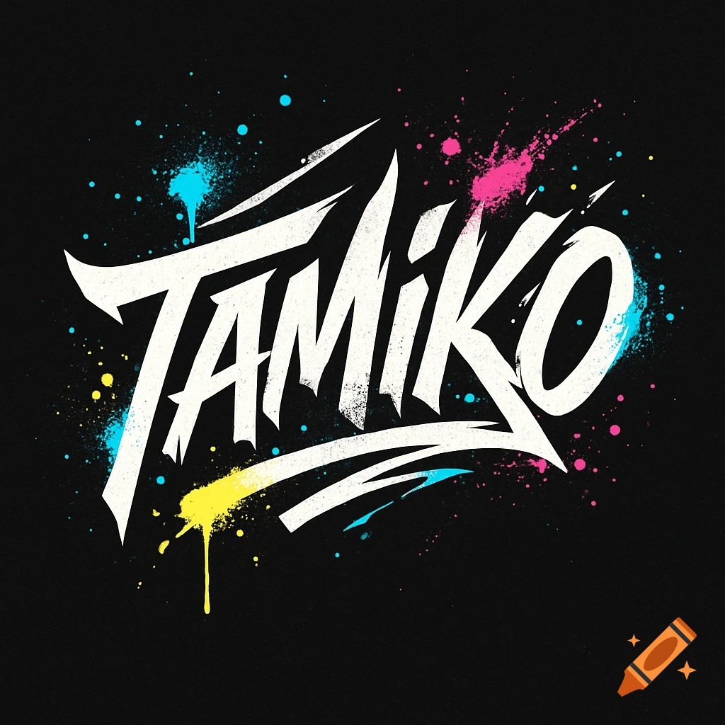 White stylized text 'Tamiko' with colorful blue, yellow, and pink paint splatters on a black background, in a street art style.