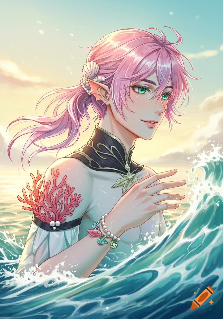 An anime-style merman with pink hair and green eyes emerges from the ocean, wearing a dark top adorned with coral and a charm bracelet.