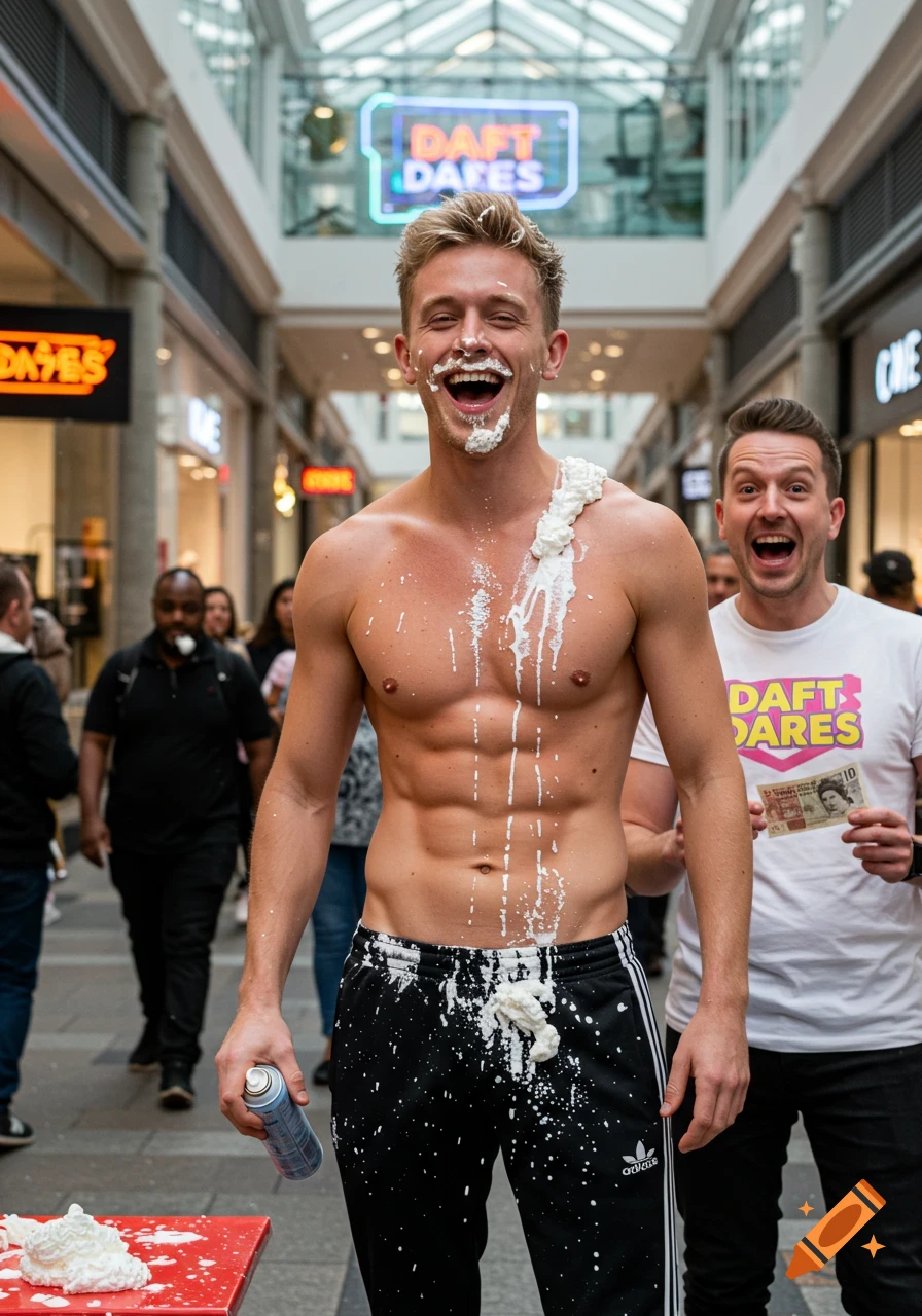 A shirtless man covered in whipped cream laughs, holding a can, while another man holds money in a mall. Photorealistic style.