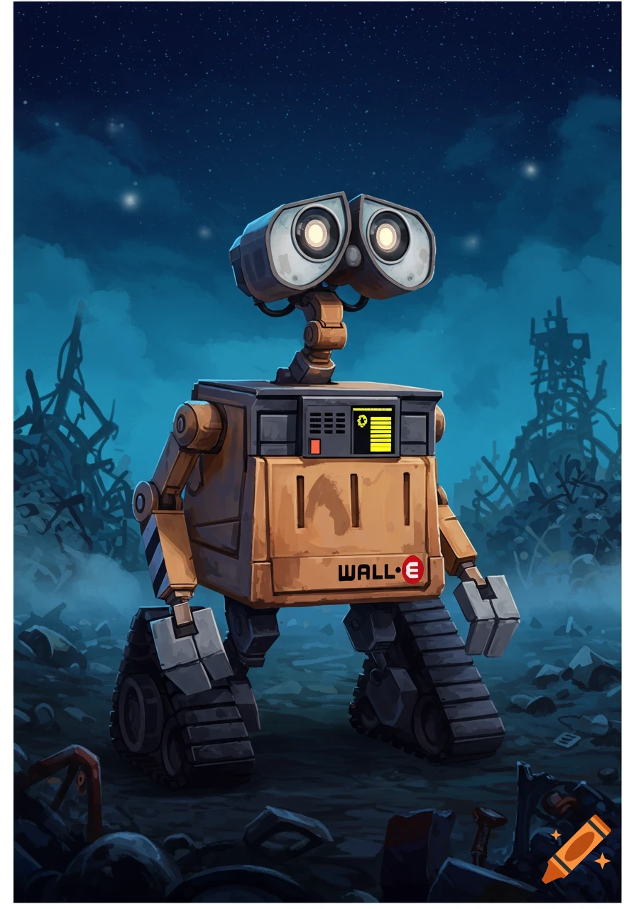 A detailed illustration of Wall-E, the robot from the animated movie, standing in a desolate junkyard under a starry night sky.