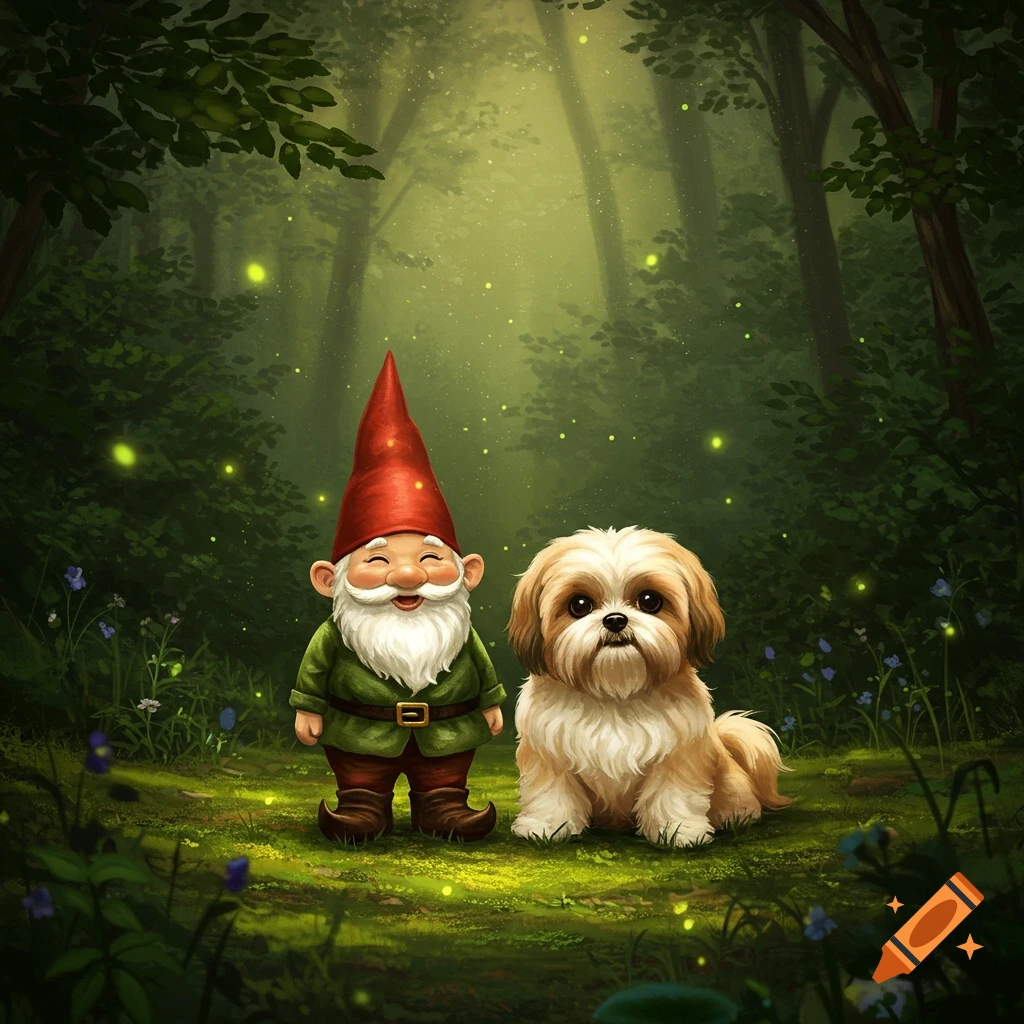 A happy gnome stands next to a cute shih tzu dog in a magical, glowing forest.