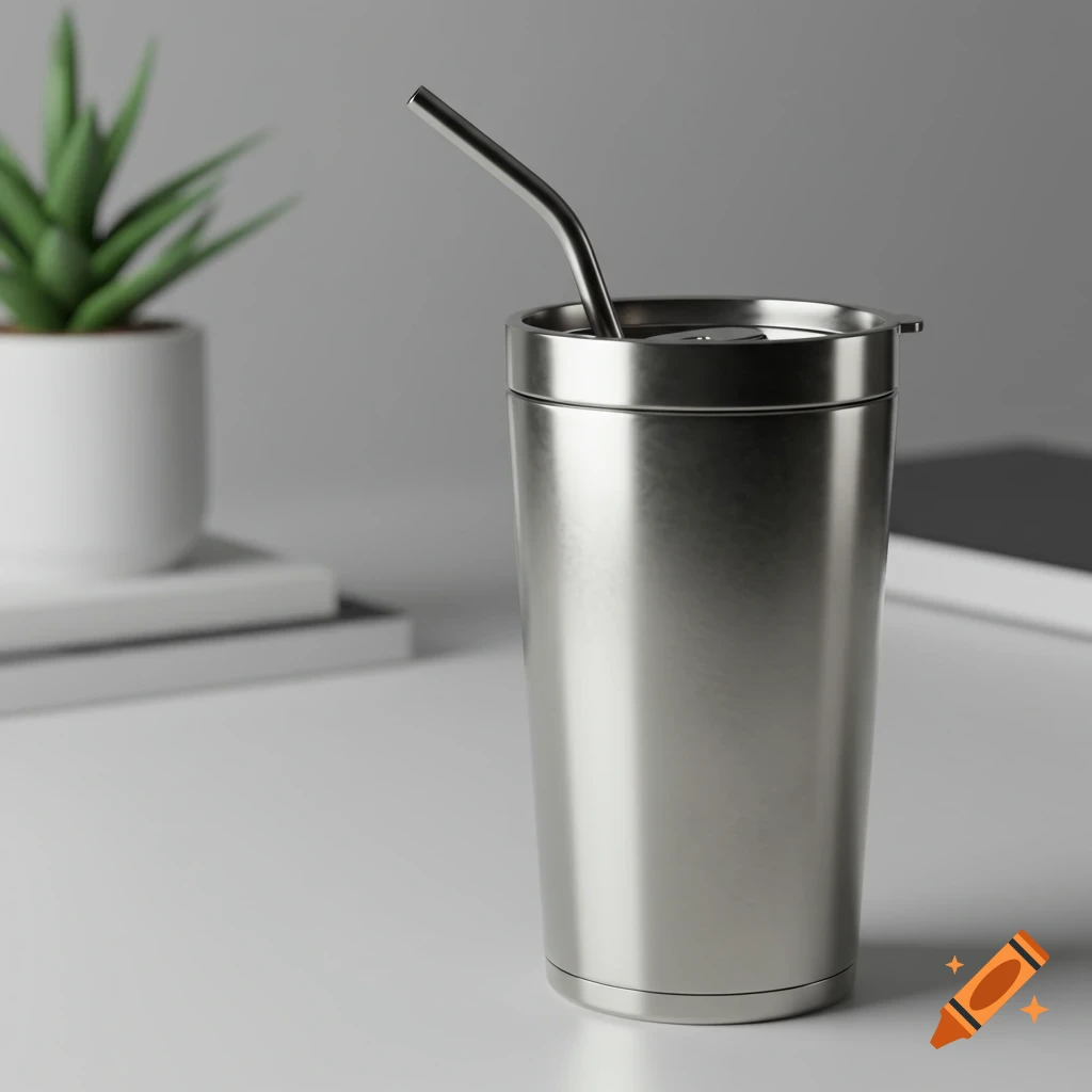 A shiny silver stainless steel tumbler with a curved metal straw on a white desk, with a green potted plant in the background.