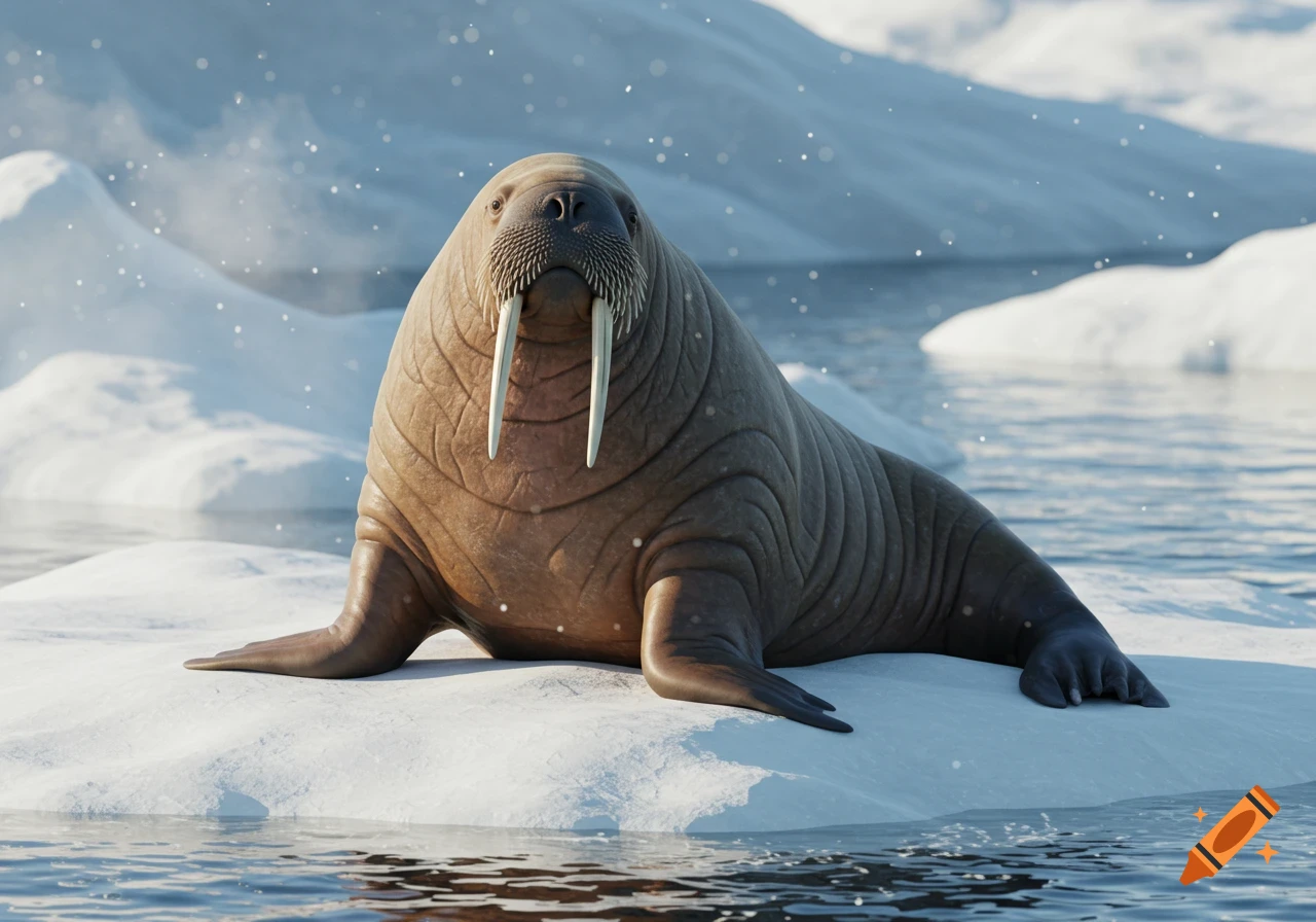 A photorealistic 3D walrus rests on an ice floe in a snowy, icy ocean environment.