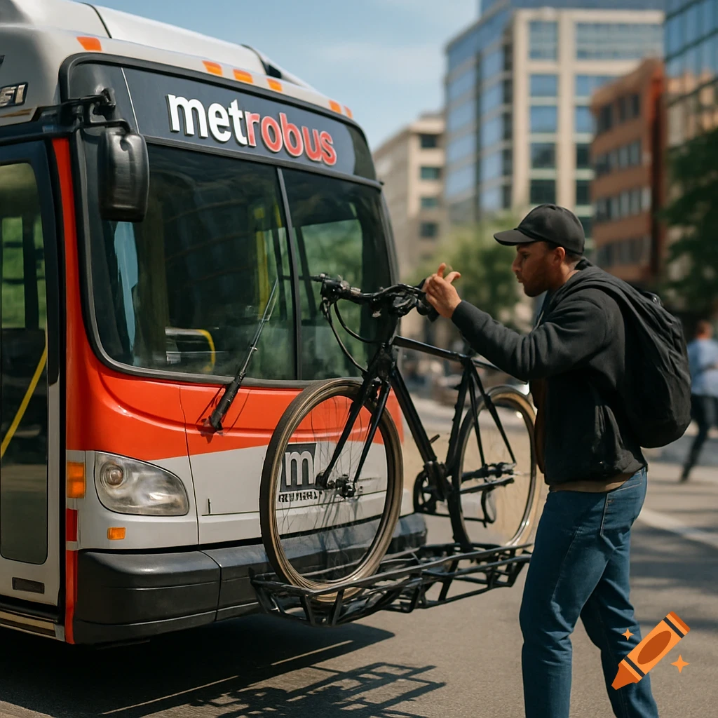 Photorealistic image of a man loading a black bicycle onto the front rack of a red and silver Metro bus on a sunny urban street.