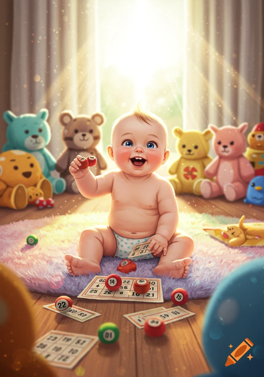 A cheerful baby with blue eyes and blond hair sits on a pink rug surrounded by colorful teddy bears, playing with bingo cards and balls in a sunlit room.