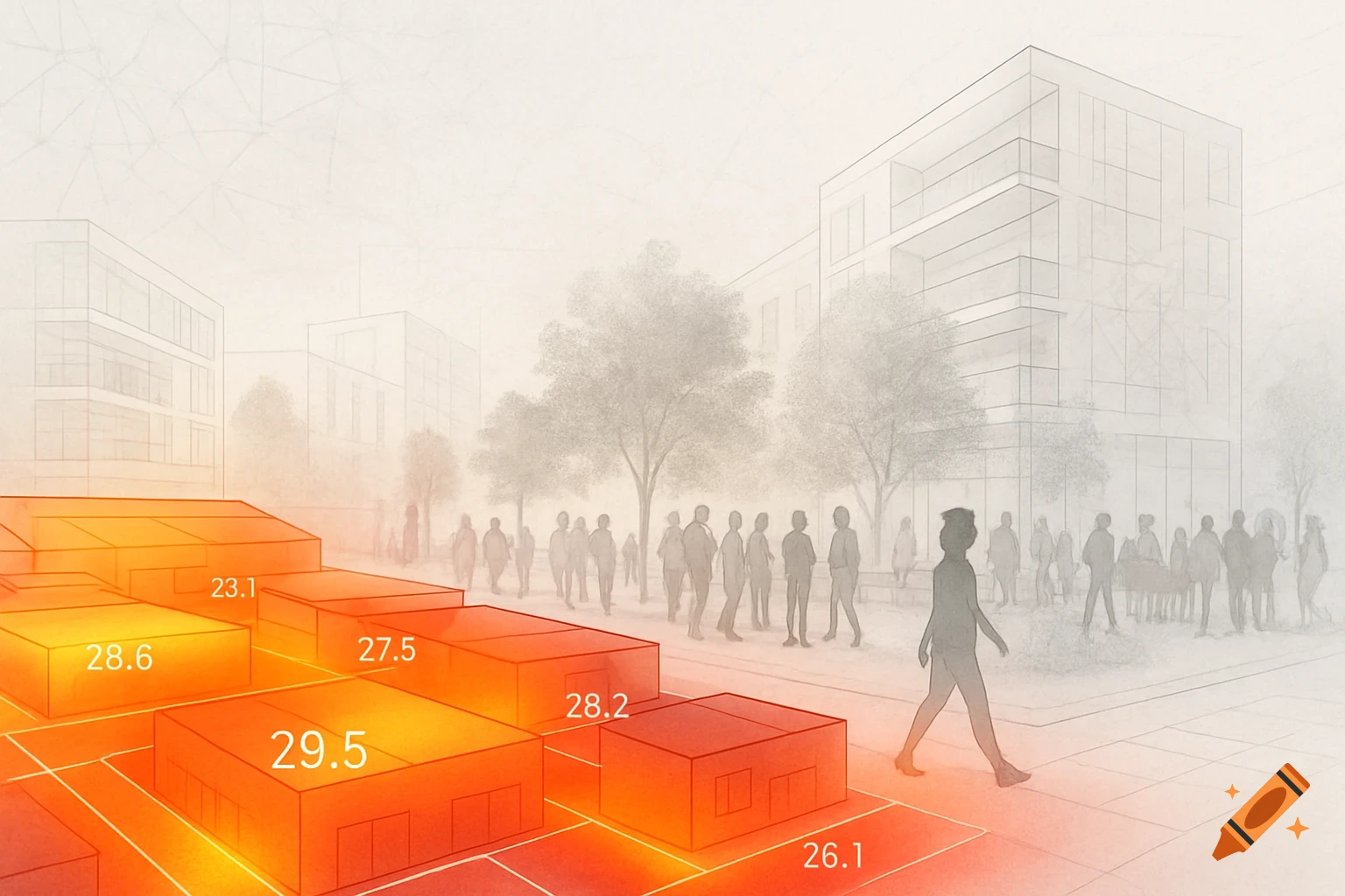 An illustration of an urban neighborhood with buildings, ghosted people, and a red-yellow heat map displaying numerical temperatures on glowing blocks.
