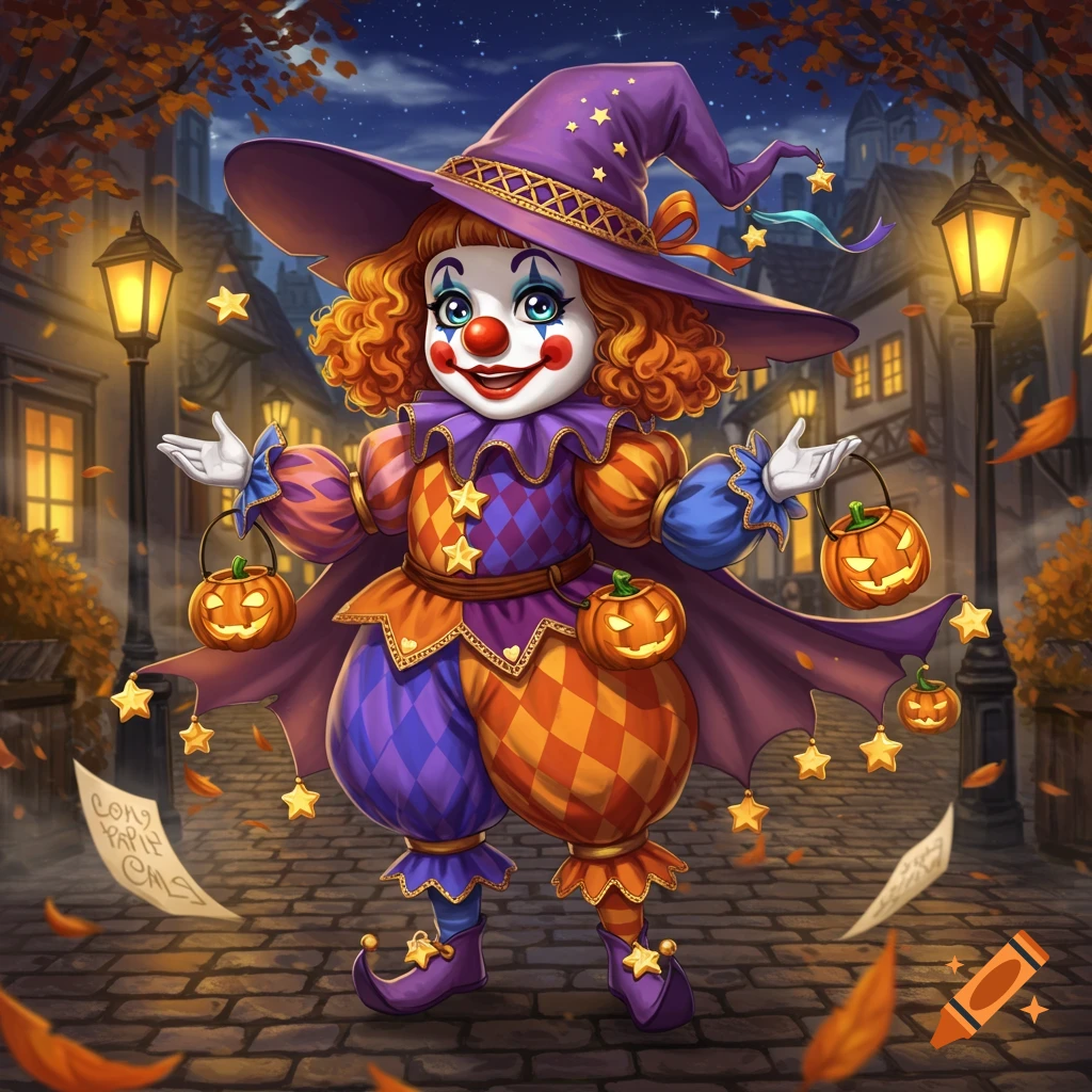 A colorful illustration of a smiling clown in a witch hat and jester costume holding pumpkin buckets, on a cobblestone street at night.