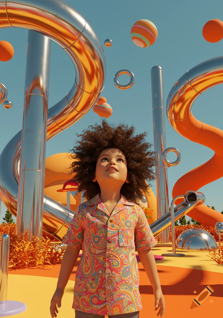 A child with curly hair wearing a colorful patterned shirt looks up at orange and silver abstract shapes floating in a bright sky, 3D render.