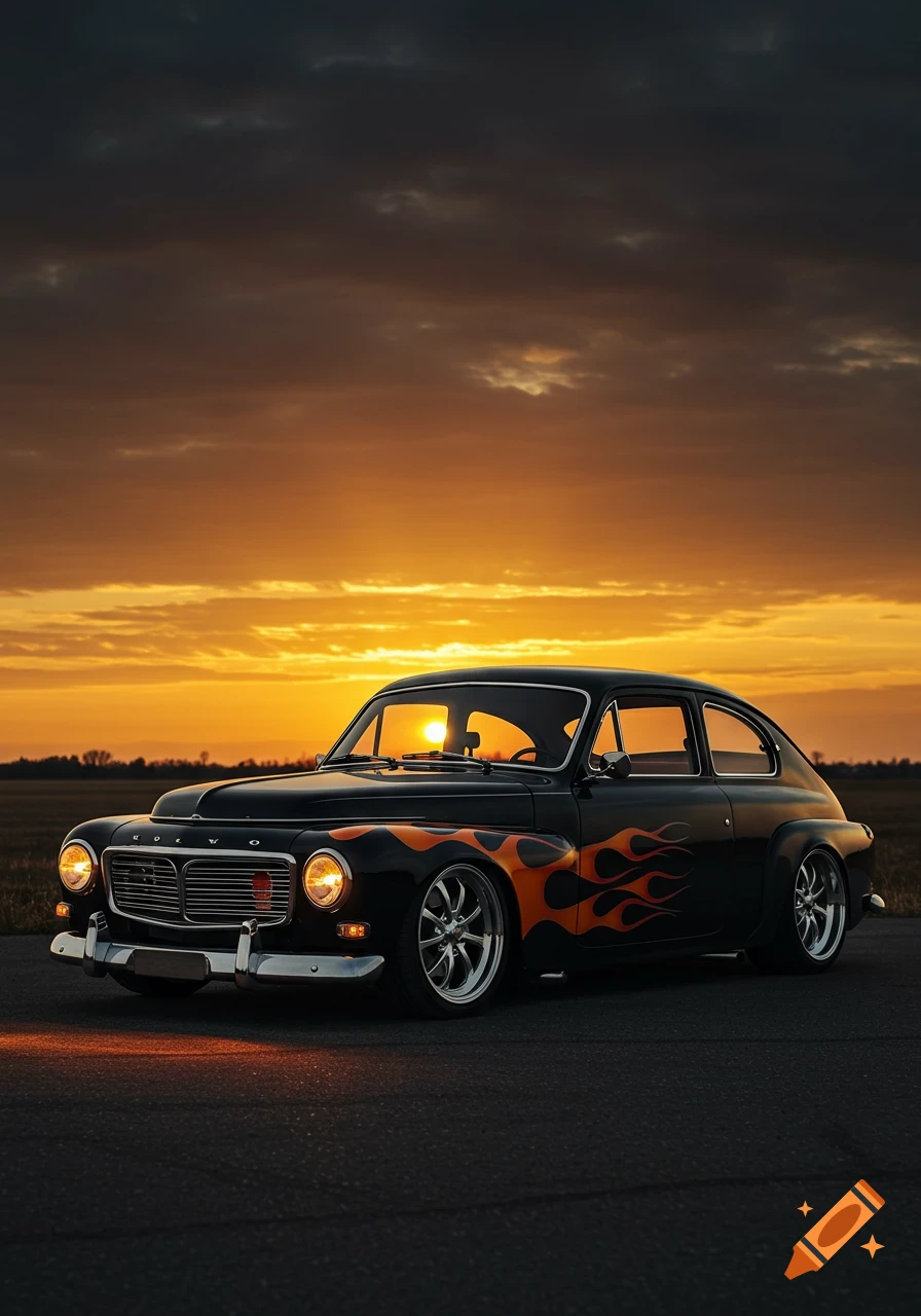 A black classic Volvo PV 444 car with orange flames and chrome wheels, parked on an asphalt road against a vibrant orange sunset.