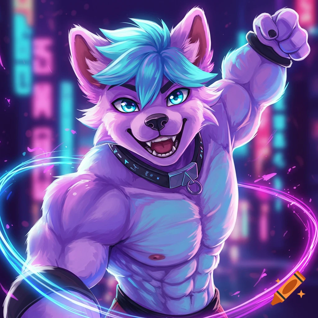 Vibrant digital art of a muscular purple wolf furry with blue hair and glowing blue eyes, posing against a neon cityscape background.
