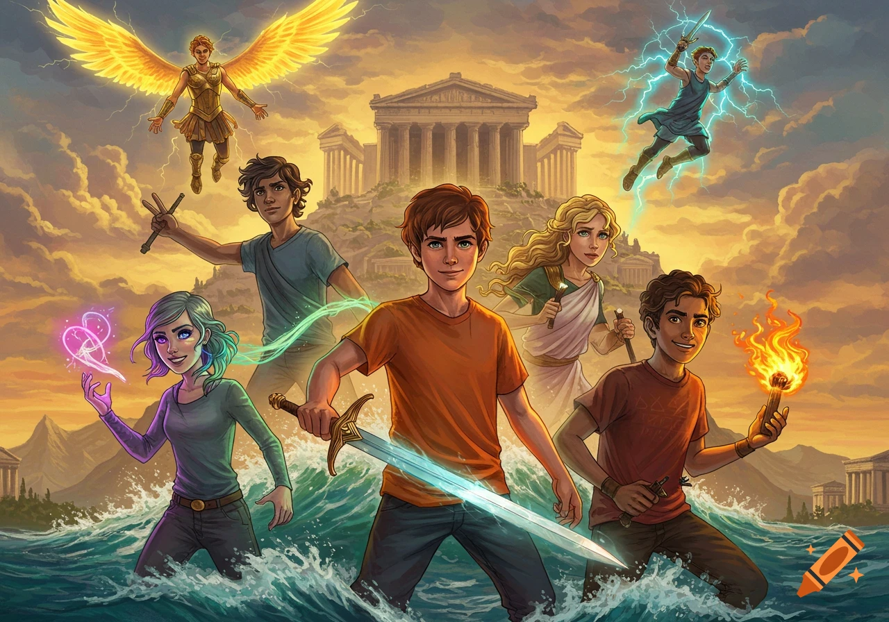 Illustration of six young heroes with various powers, including a winged figure, a lightning wielder, and a sword-wielding boy in choppy water, with ancient Greek temples in the background at sunset.