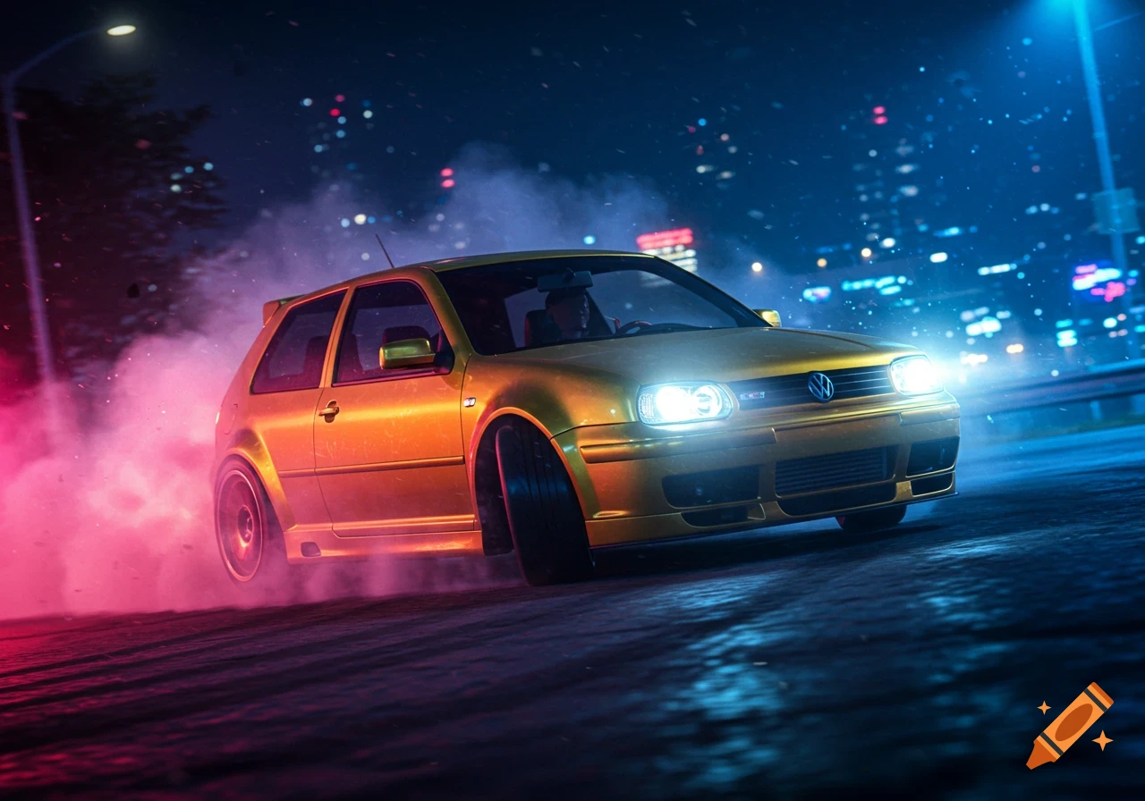 A gold Volkswagen Golf GTI car drifts on a wet city street at night, illuminated by blue and red neon lights and smoke.