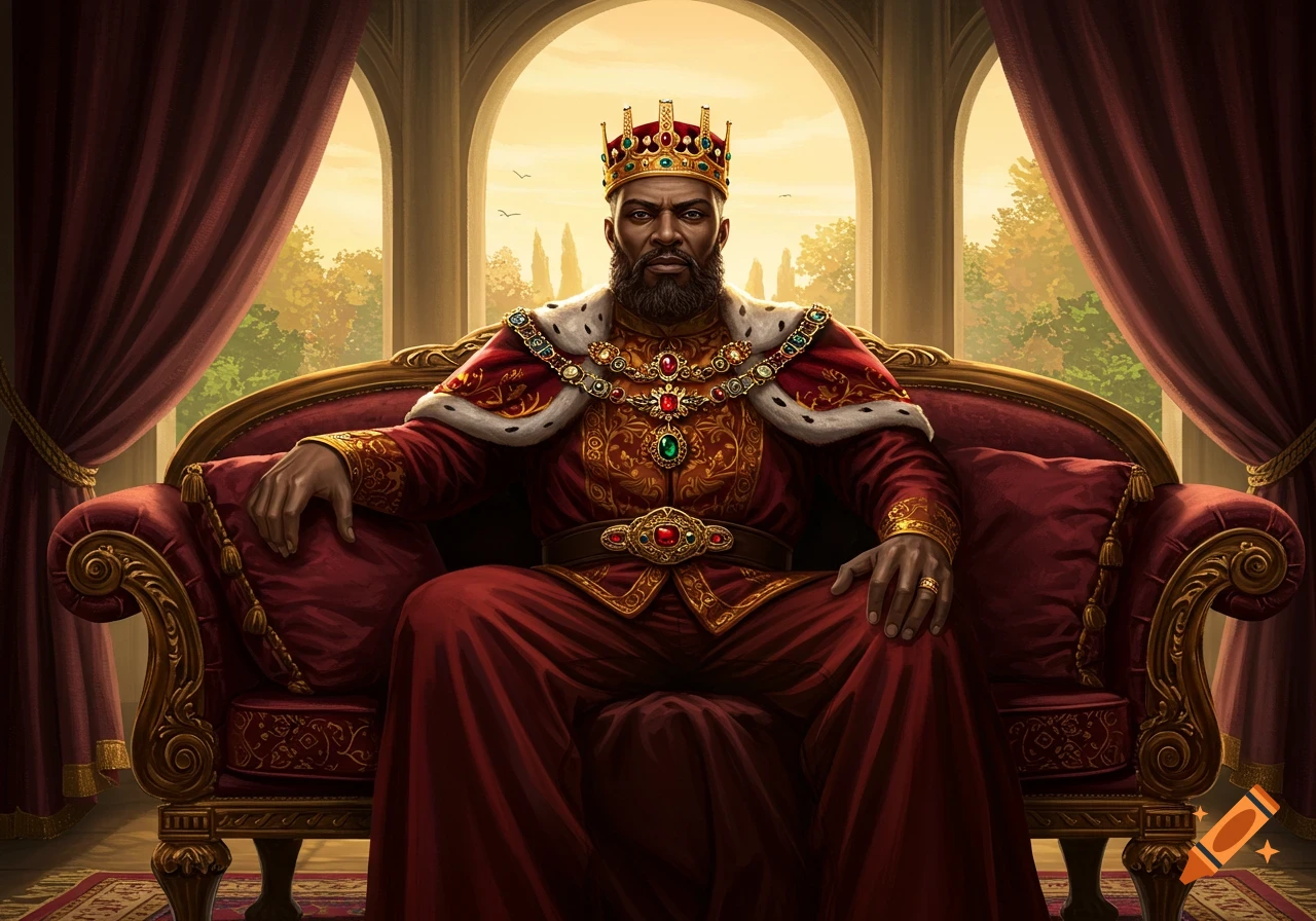 A richly dressed king with a crown and beard sits regally on a red, ornate couch in a grand hall.