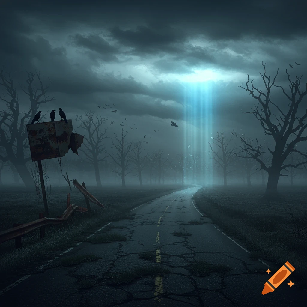 A dark, misty road winds through a barren forest under a stormy sky, with a bright blue light beam descending onto the road. Crows perch on a broken sign.