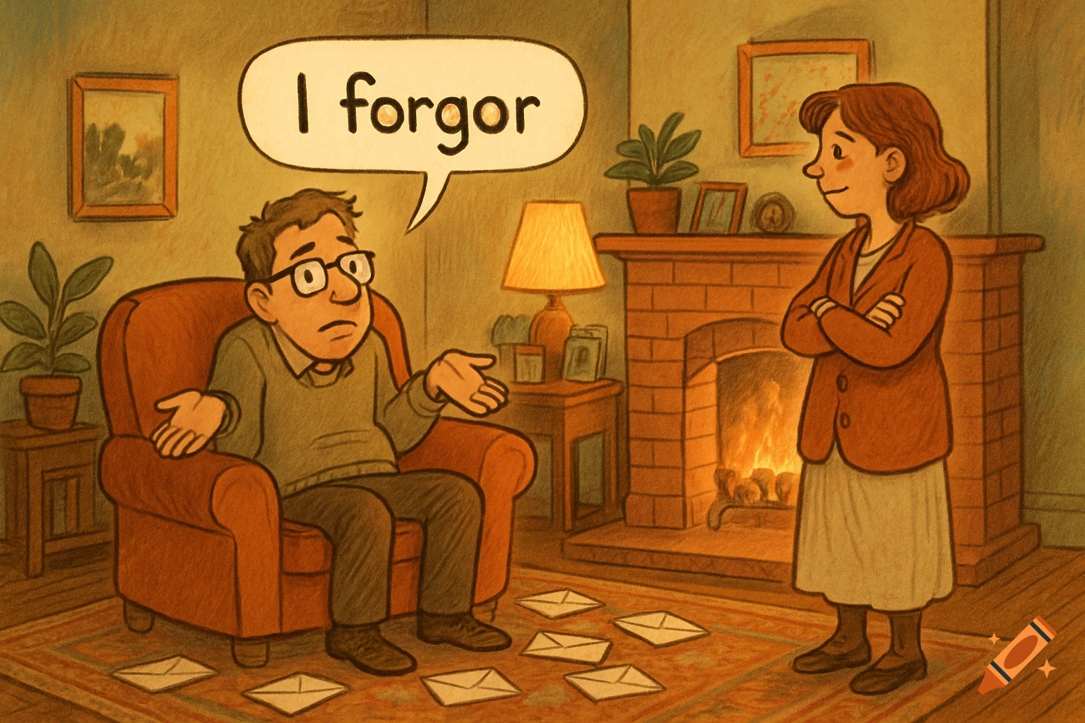 A man in an armchair shrugs under a "I forgor" speech bubble as a woman stands by a fireplace, in a warm cartoon style.