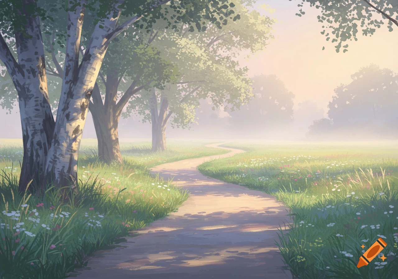 A winding dirt path through a misty, sunlit meadow with trees on either side, rendered in a soft digital painting style.