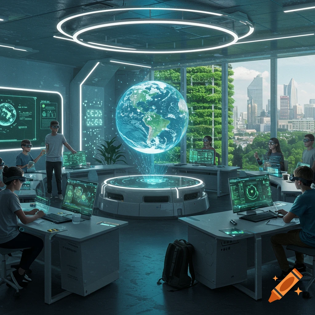 Futuristic classroom with children wearing VR headsets, interacting with holographic Earth and screens, cityscape outside.