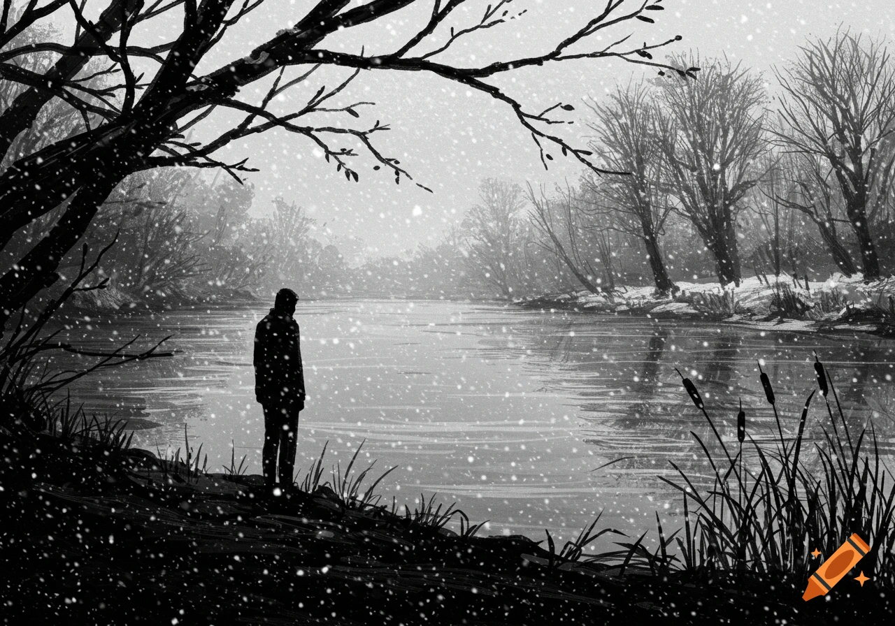 A black and white sketch of a lone man standing by a snowy river, surrounded by bare trees, creating a contemplative mood.