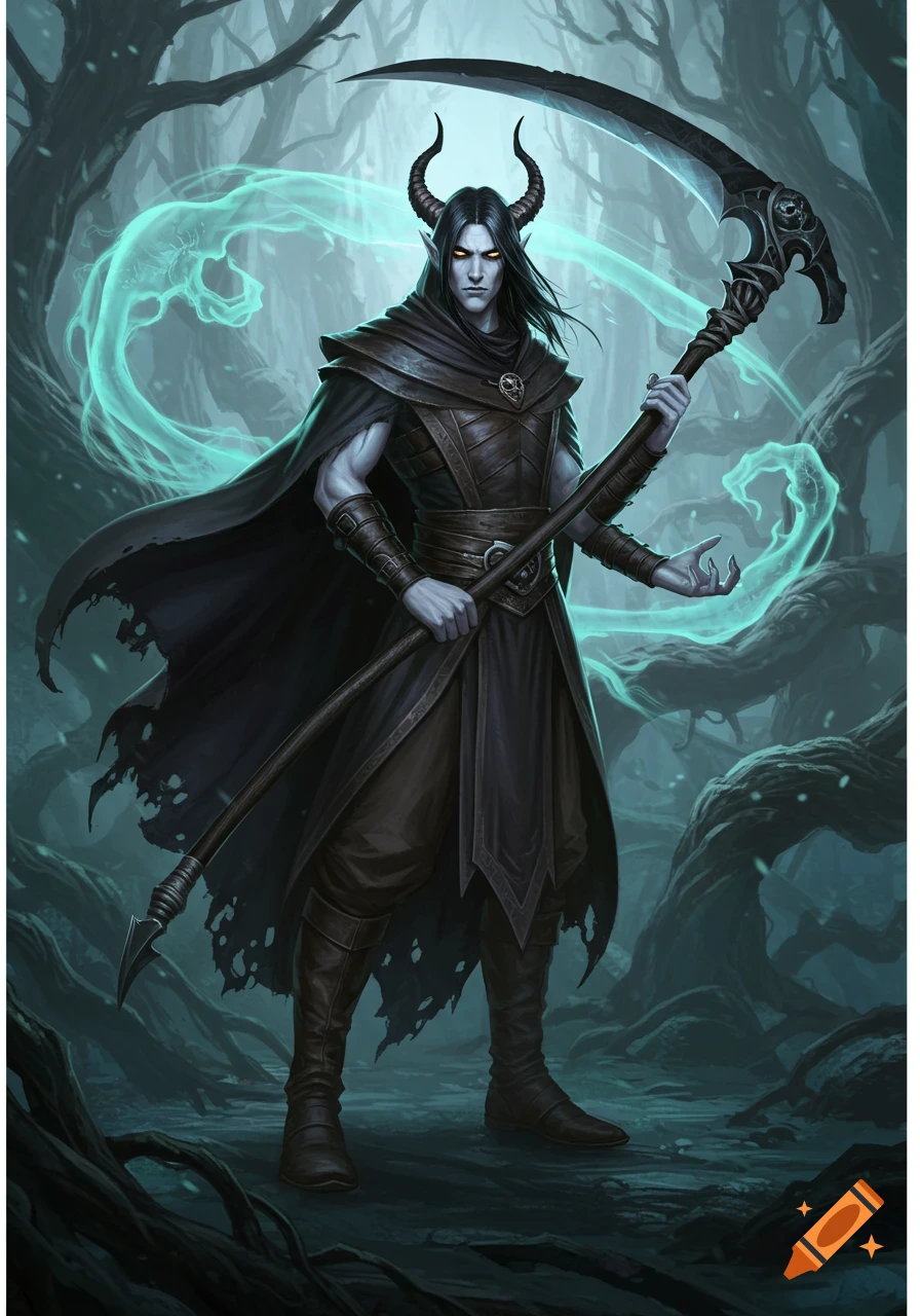 A pale, horned male shadar kai warlock with long dark hair, clad in a dark cloak, wields a large scythe amidst a mystical, shadowy forest with glowing blue energy.