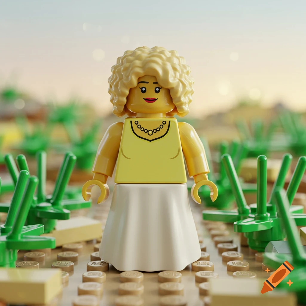 A female Lego figure with curly blond hair, yellow tank top, white skirt, and a necklace stands on a Lego baseplate with green plant pieces.