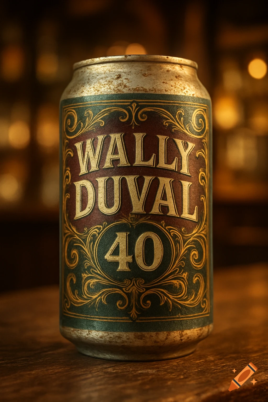 A distressed, vintage-style can labeled 'WALLY DUVAL 40' on a wooden table with a blurry background.