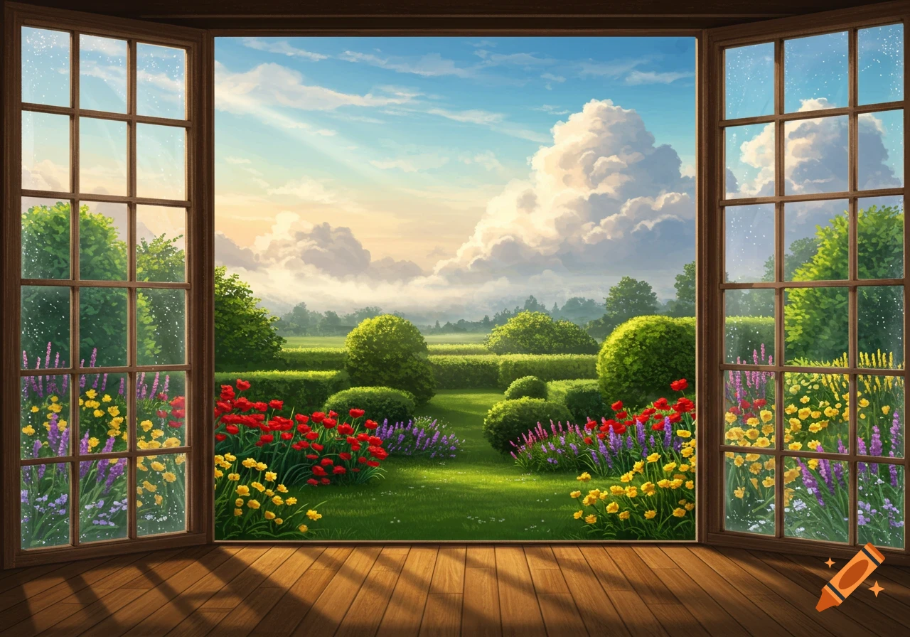 A vibrant green garden with red, yellow, and purple flowers as seen through an open wooden window frame, under a bright, cloudy sky.