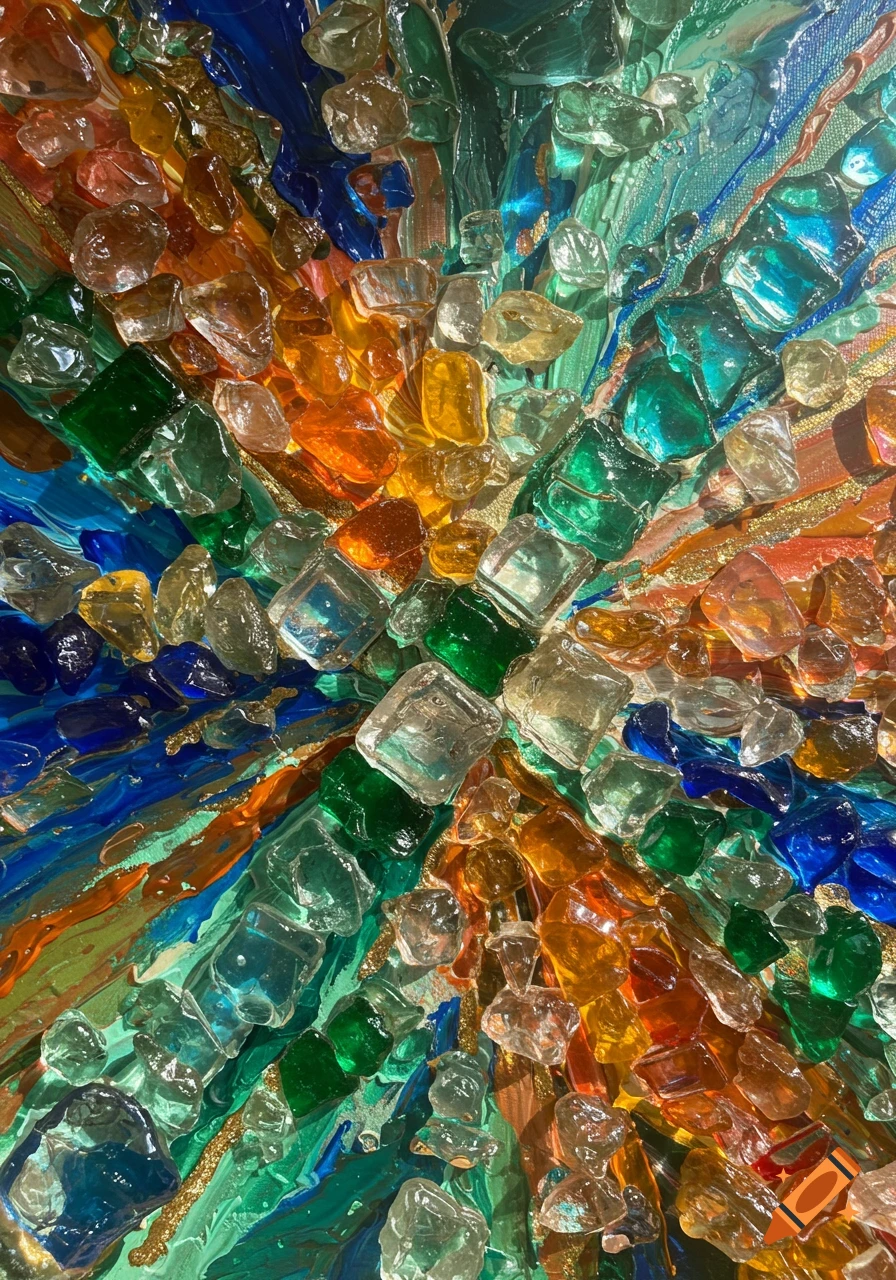 Vibrant abstract artwork of multicolored glass pieces on a canvas with radiating paint strokes.