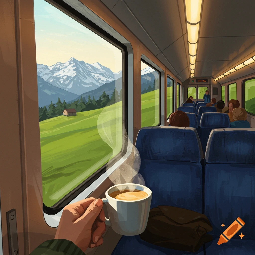 Illustrative view from a train window showing a hand holding a steaming coffee cup, with snow-capped mountains and green fields outside.