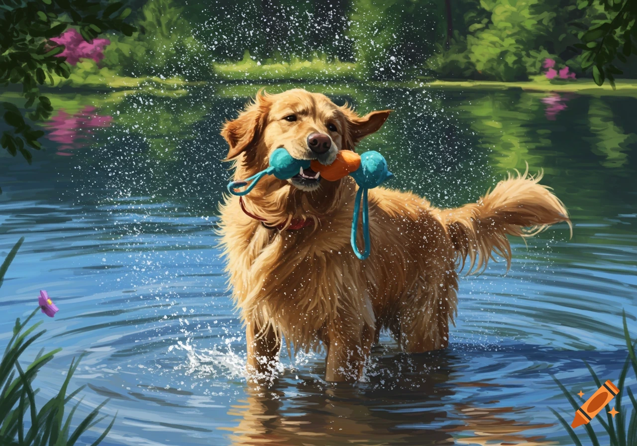 A golden retriever splashes in a lake, shaking water off its fur while holding a blue and orange toy in its mouth. Painted style.