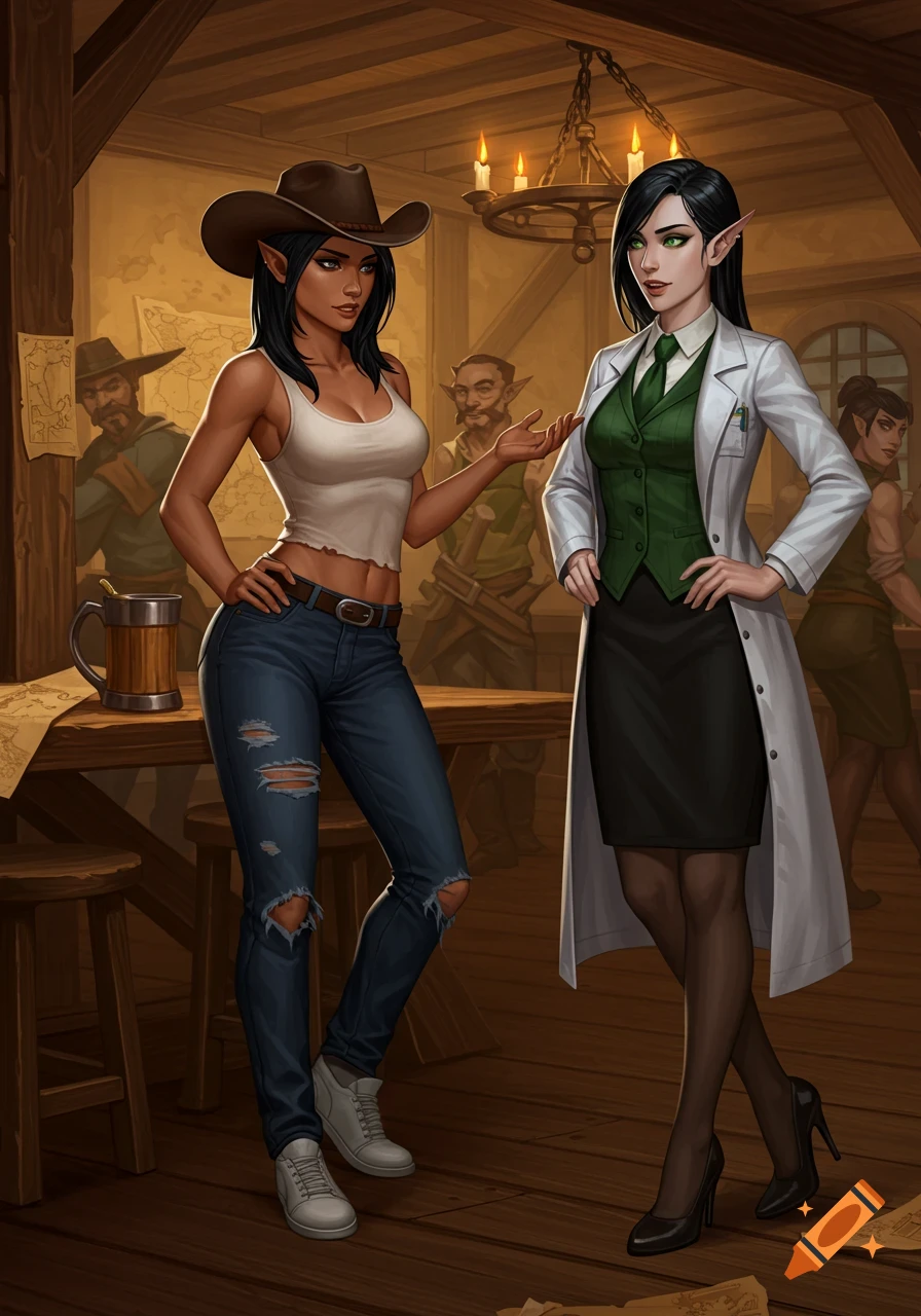 Two female elves, one in a cowboy hat and tank top, the other in a lab coat and skirt, talk in a fantasy tavern. Digital painting.