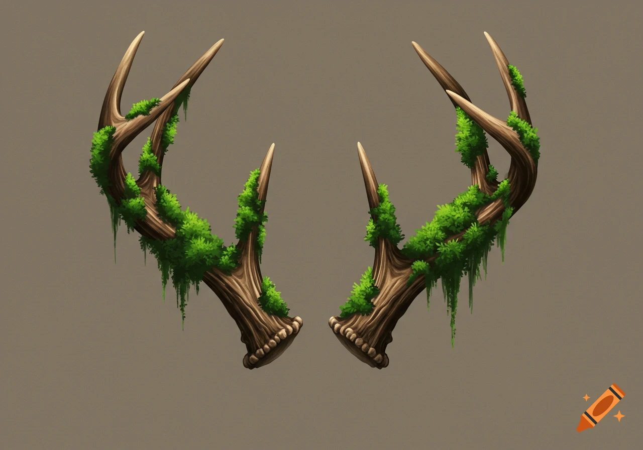 Two stylized brown antlers covered in green moss and hanging vines, on a grey background in an illustrative style.