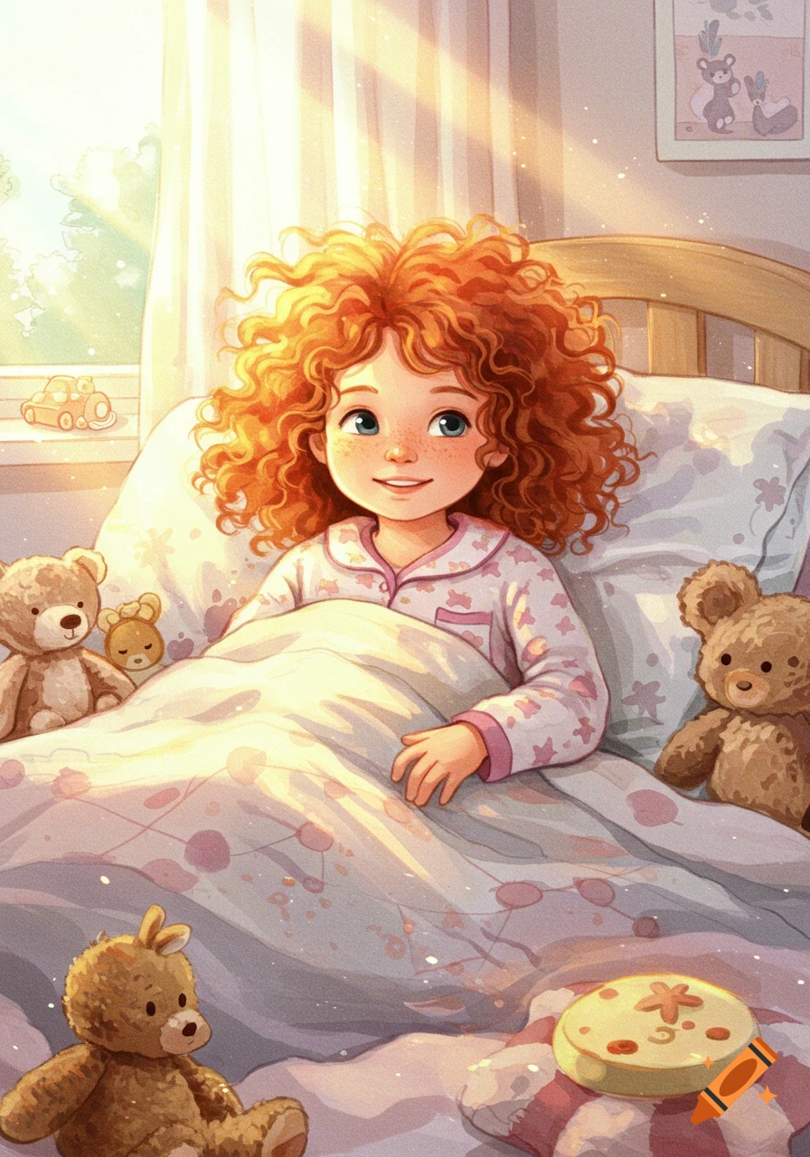 A young girl with red curly hair in pink pajamas smiles in bed with sunlight and teddy bears, in a soft watercolor style.