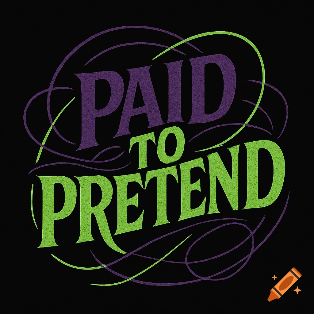 Stylized logo in purple and green text reading "PAID TO PRETEND" with wavy lines on a black background.