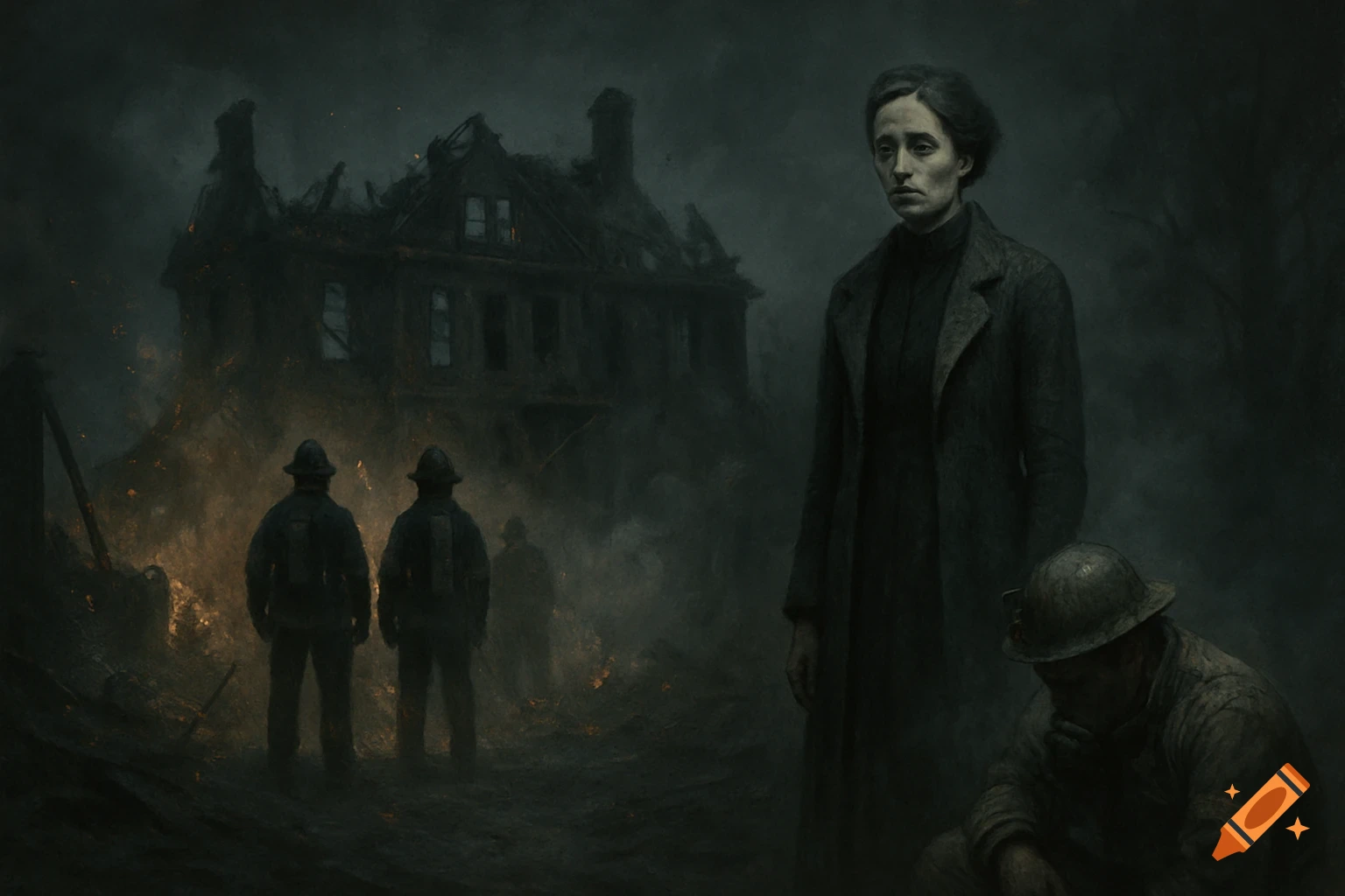 A somber woman and firefighters stand before a burning, ruined mansion in a dark, painterly style.