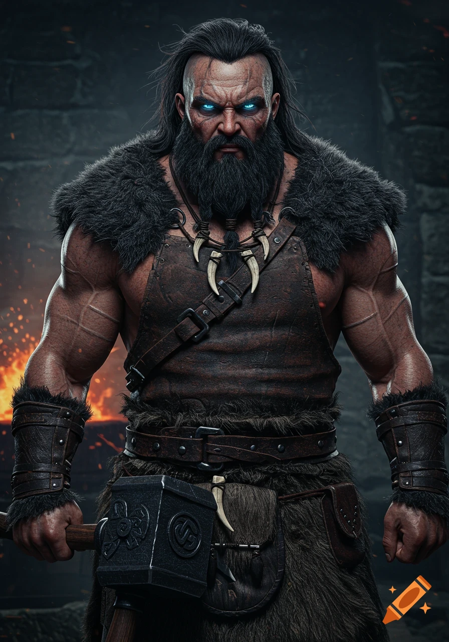 Photorealistic portrait of a muscular, rugged Viking warrior with a black beard, glowing blue eyes, and fur/leather attire, holding a warhammer, with a fiery background.