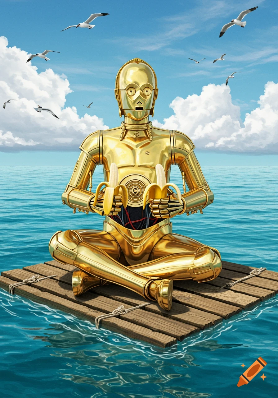 Golden C-3PO robot meditates on a wooden raft in the ocean, holding two peeled bananas, with seagulls flying in the blue sky.