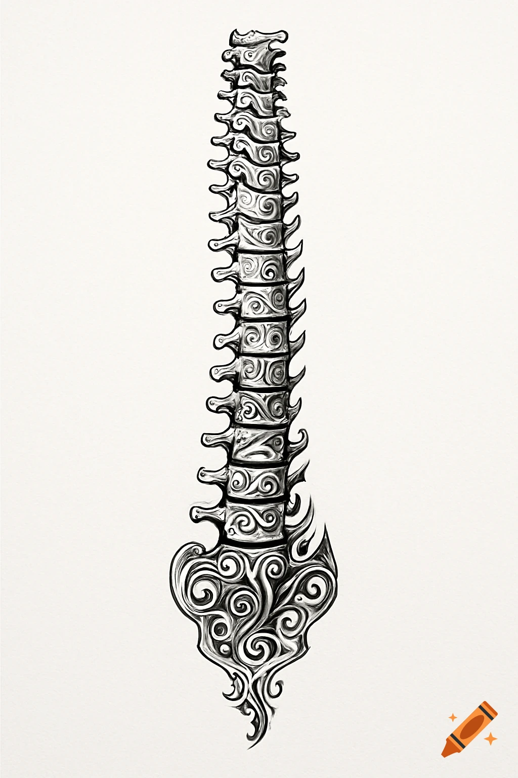 Black and white illustration of a stylized human spine with intricate tribal patterns on each vertebra.