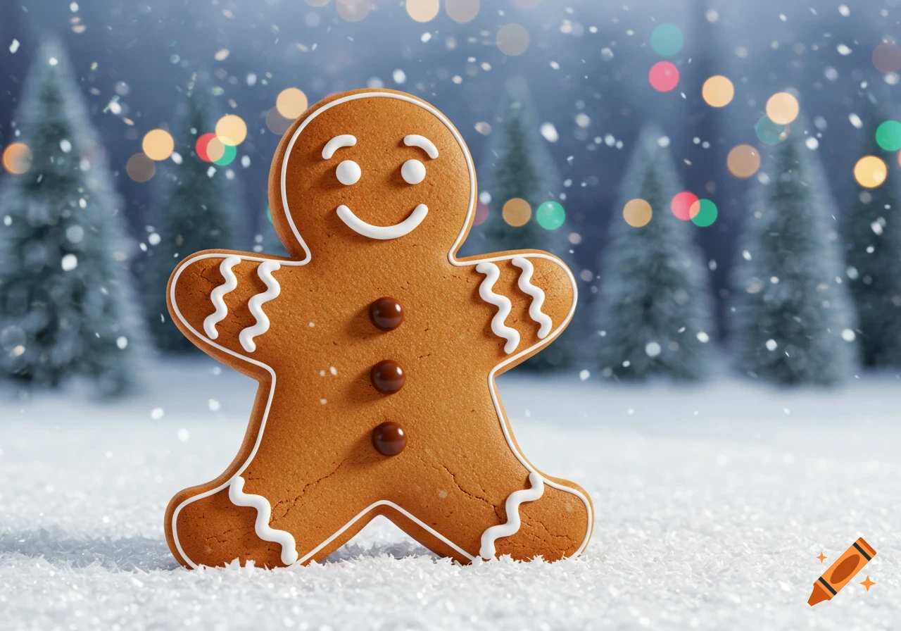 A smiling gingerbread man cookie stands in a snowy winter scene with frosted trees and festive bokeh lights.