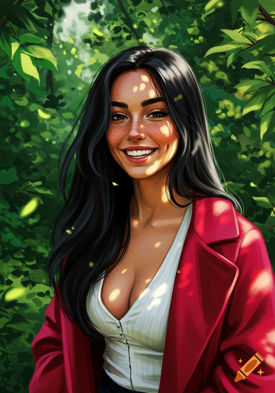 Illustration of a smiling woman with long black hair and freckles in a red coat, standing in a lush, sunlit forest.