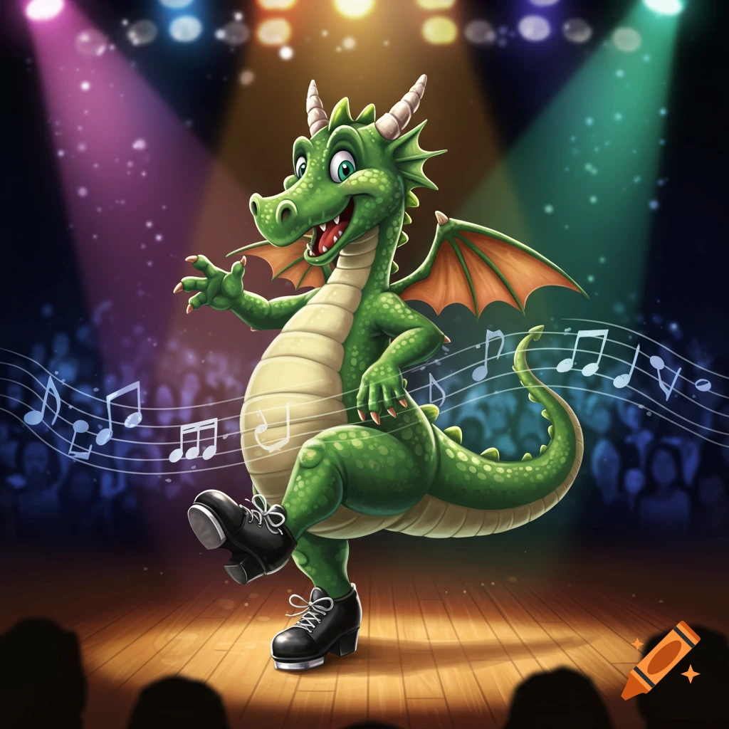 A friendly green cartoon dragon with horns and wings tap dances on a stage under spotlights, with musical notes floating around it and an audience in the background.