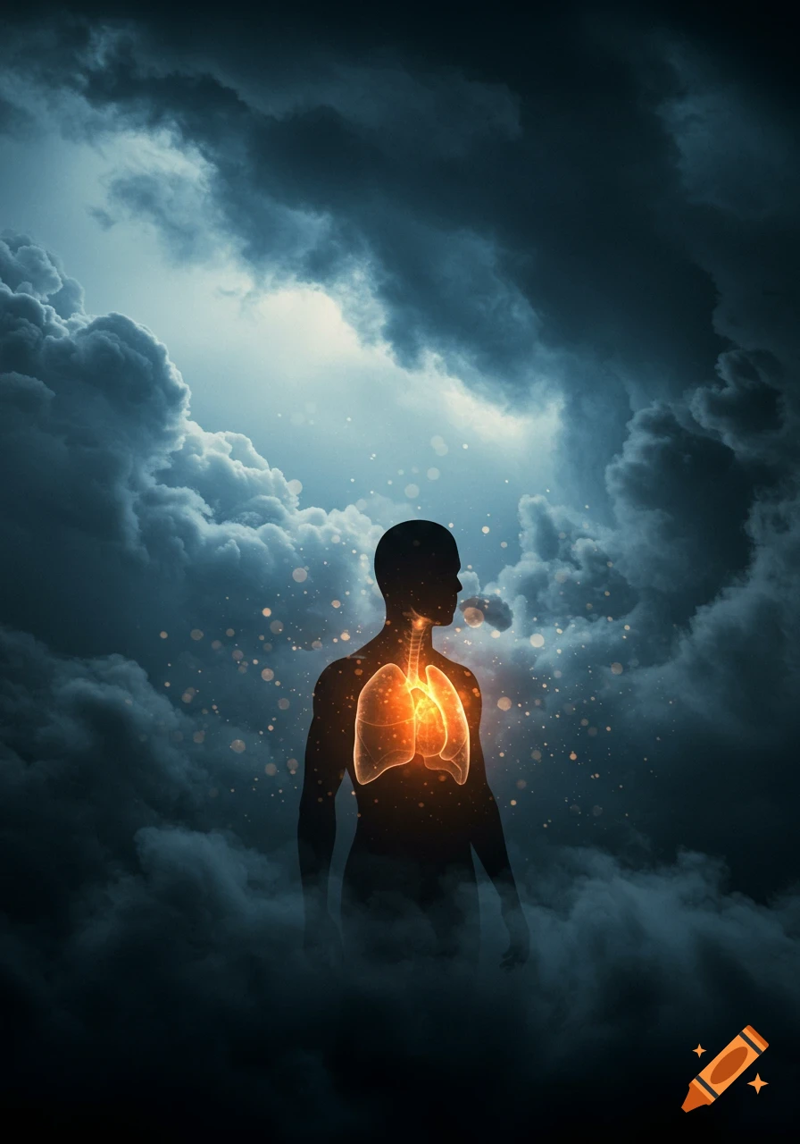 A human silhouette stands amidst dark, stormy clouds, with glowing orange lungs and trachea visible within the chest.